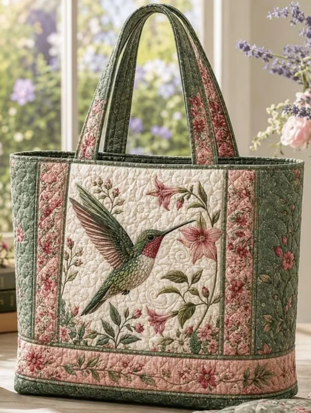 Hummingbird Quilted Tote Bag in Green and Pink